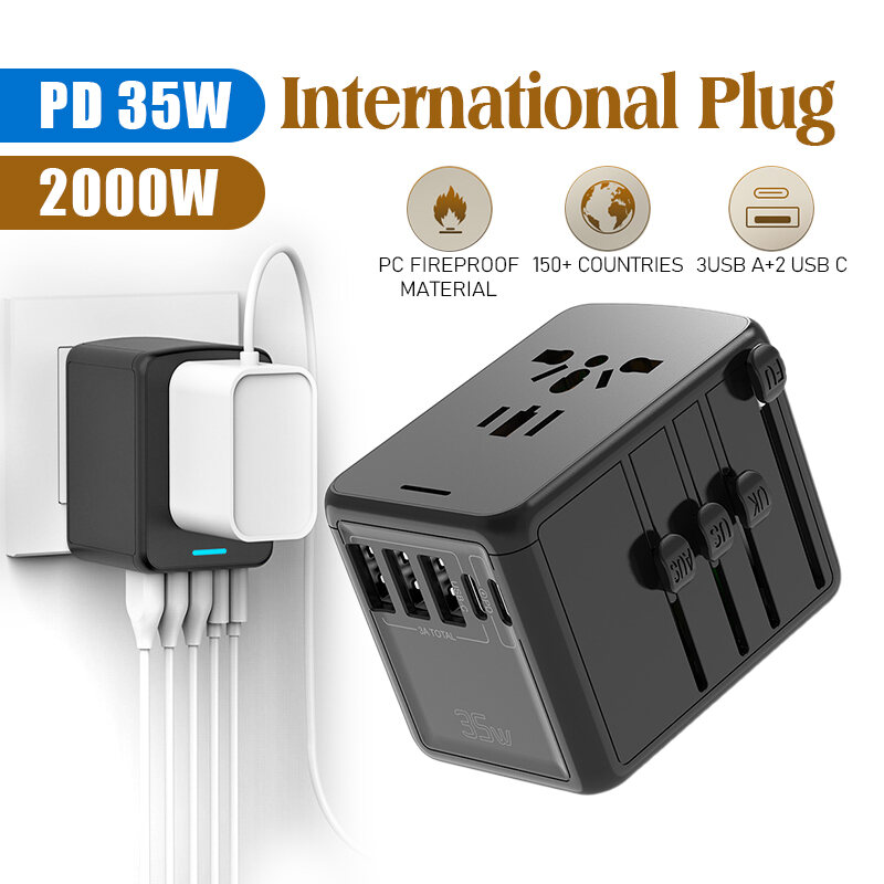 Universal Travel Adapter All in One International Worldwide Wall Power Travel Adaptor with 4 USB Ports + 1 Type C Port Fast Wall Charger Plug