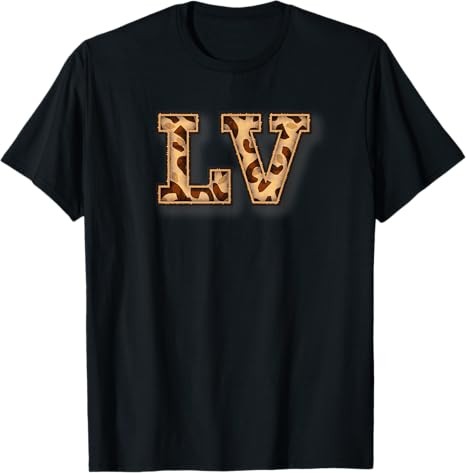 Cute Letter LV Initials Name Leopard Print Cheetah Animal T-Shirt, Black, S